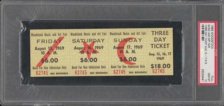 1969 Woodstock Three Day Full Ticket (PSA GEM MT 10)